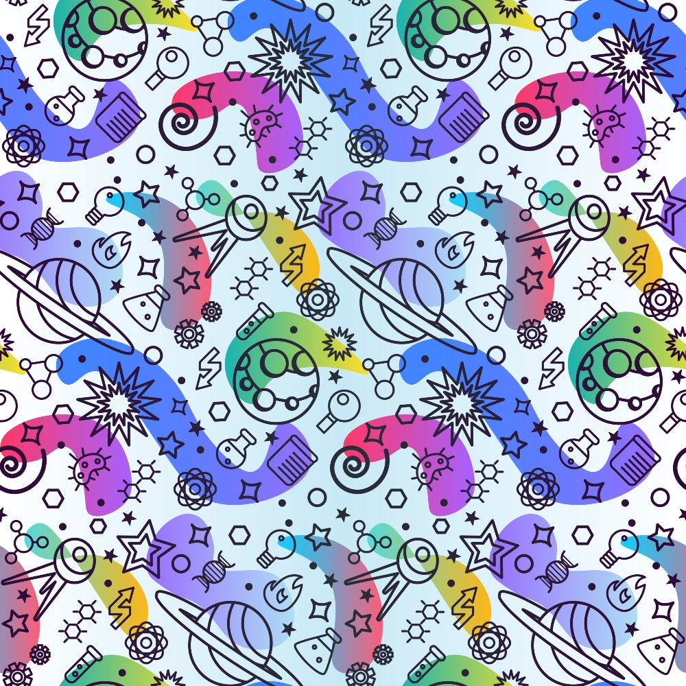 Pattern of colorful space-themed illustrations, including planets, rockets, stars, and abstract shapes on a light background.