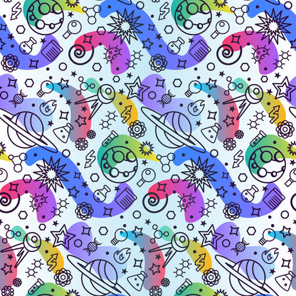 Pattern of colorful space-themed illustrations, including planets, rockets, stars, and abstract shapes on a light background.