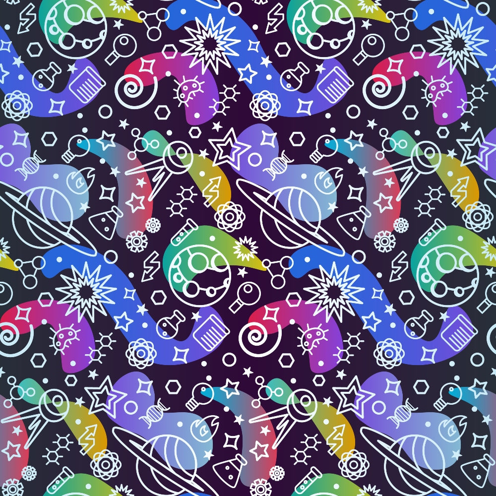 Seamless pattern with colorful cosmic elements, including planets, rockets, stars, and abstract shapes on a dark background.