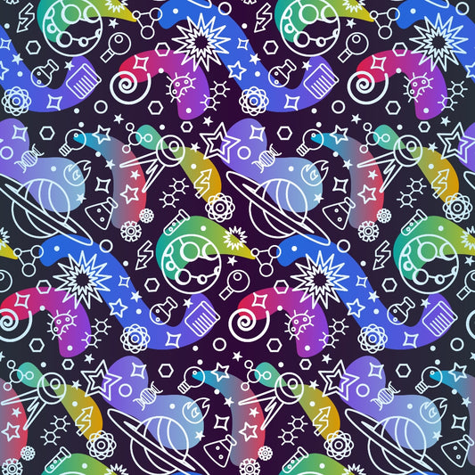 Seamless pattern with colorful cosmic elements, including planets, rockets, stars, and abstract shapes on a dark background.