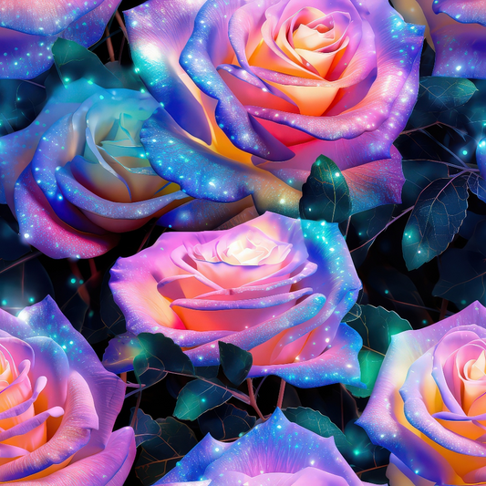 Colorful roses with vibrant hues of blue, purple, and pink, surrounded by glowing specks and dark leaves.