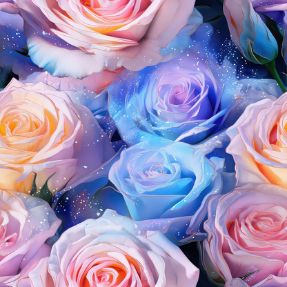 A collection of pink, blue, and white roses with a dreamy, painterly effect and sprinkling of white specks.