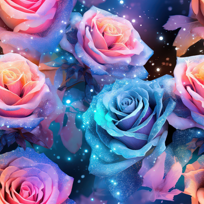 Vibrant roses in shades of blue and pink are surrounded by sparkling particles, against a dark background.