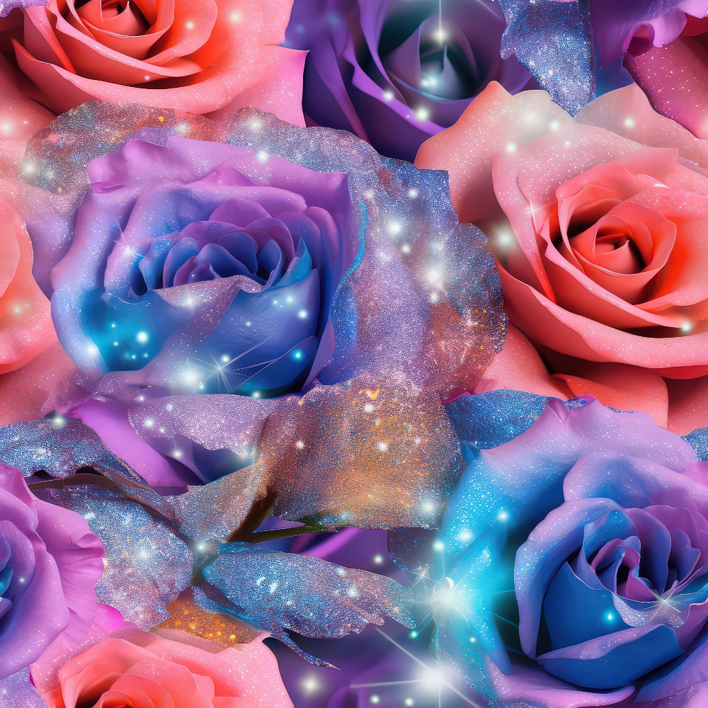 A vivid arrangement of pink and purple roses with a sparkling, abstract overlay of stars and glitter.