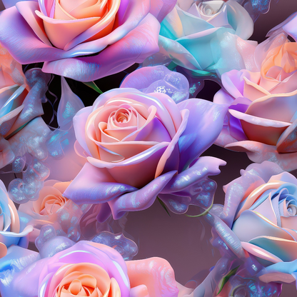 A cluster of multi-colored roses with soft pastel hues in a digital art style, featuring shades of pink, purple, blue, and peach.