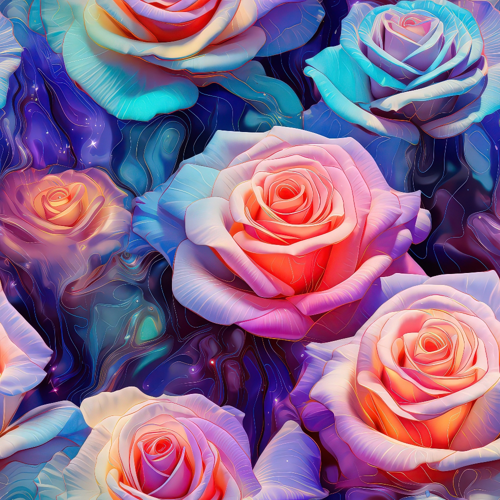 Vibrant roses with swirling petals in hues of pink, purple, and blue against a dark, abstract background.