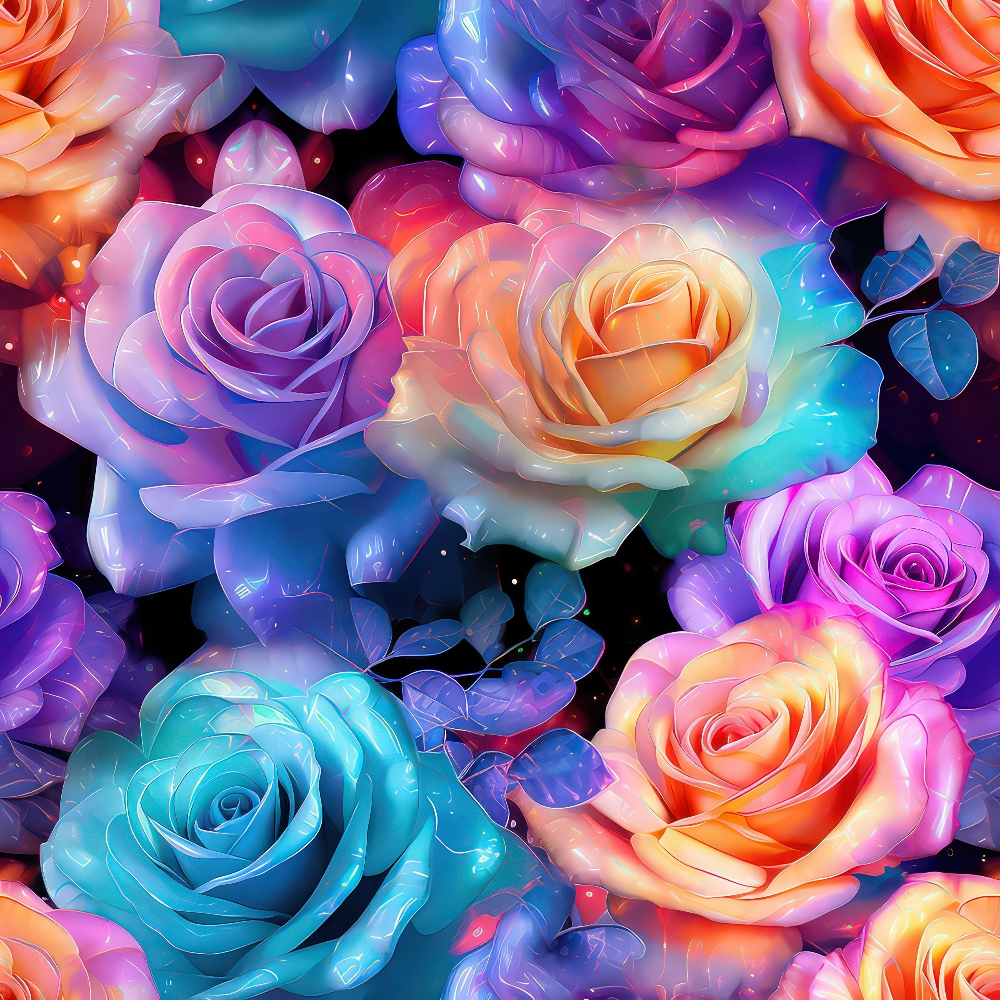 A vivid illustration of colorful roses in various shades including blue, orange, pink, and purple, with glossy petals and leaves, set against a dark background.