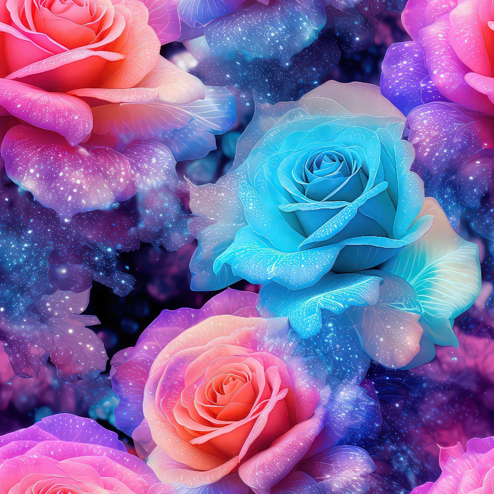 A vibrant arrangement of glowing roses in varying colors, including blue, pink, and purple, with a sparkling, cosmic background.