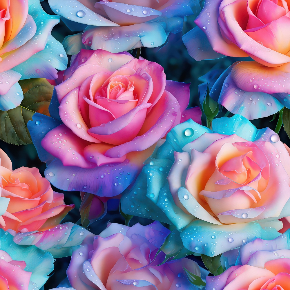 Close-up of multicolored roses with vibrant pink, blue, and peach petals, covered in water droplets.