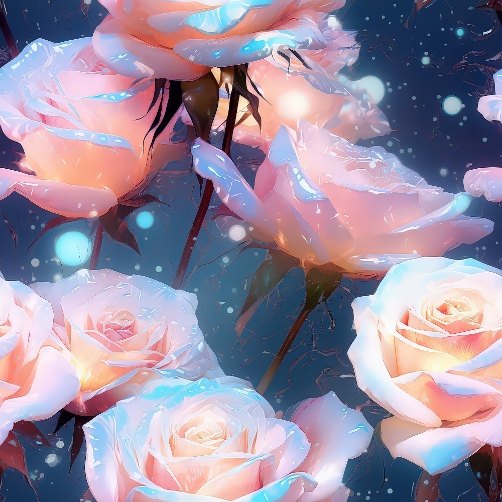 Illustration of glowing pink roses covered in water droplets, set against a dark, starry background.