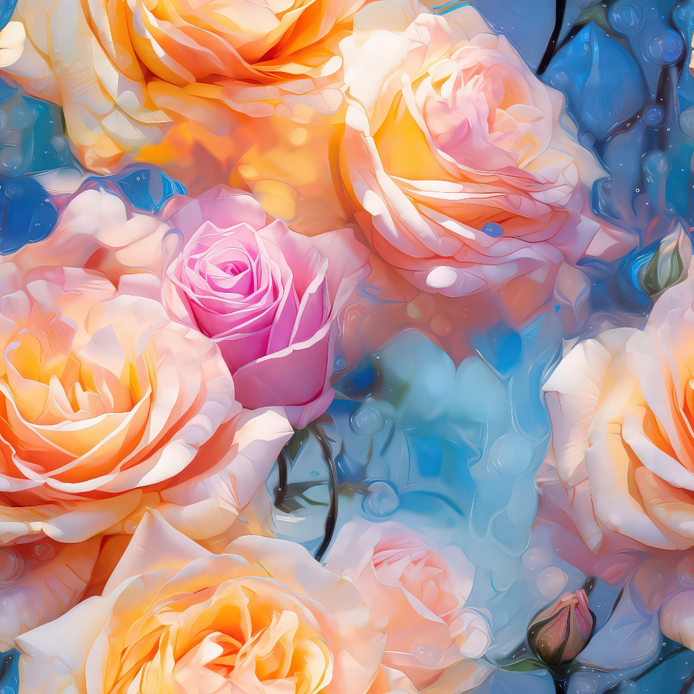 A vibrant close-up of pink and orange roses with green stems and leaves, set against a watercolor-style background in shades of blue and purple.