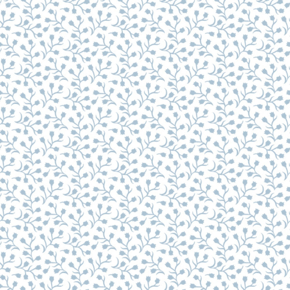 A seamless pattern of small, light blue floral vines on a white background. The design is repetitive and evenly spaced, creating a uniform and delicate appearance.