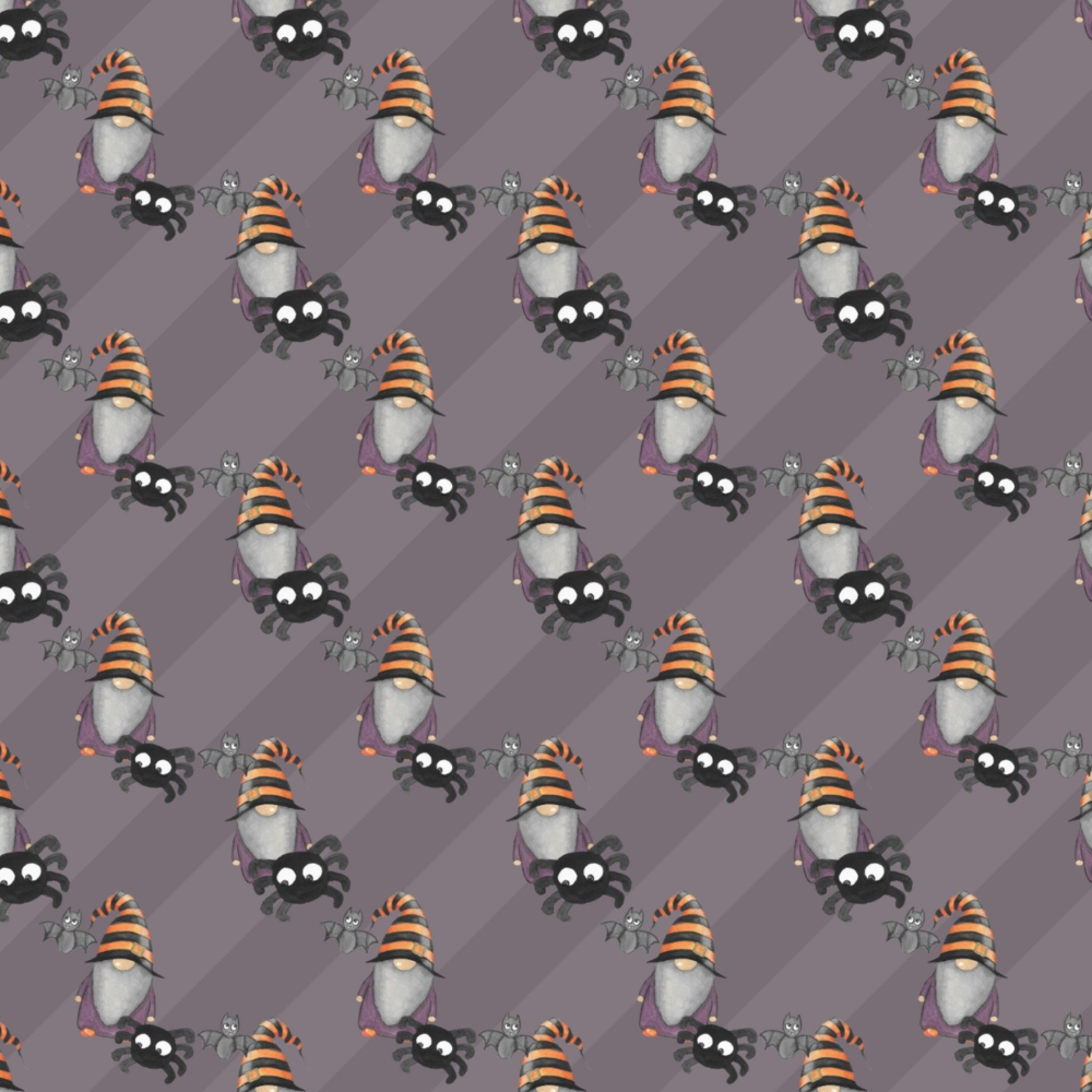 Pattern of cartoon penguins in orange and black striped hats on a purple background.