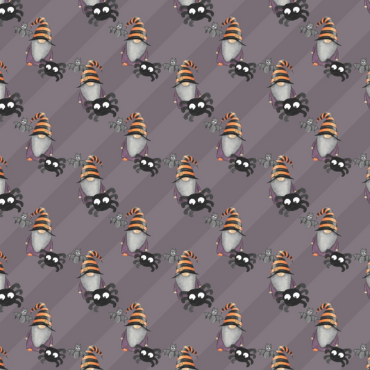 Pattern of cartoon penguins in orange and black striped hats on a purple background.