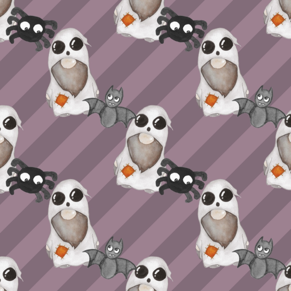 Pattern of cartoon ghosts, bats holding orange squares, and spiders on a diagonal striped purple background.