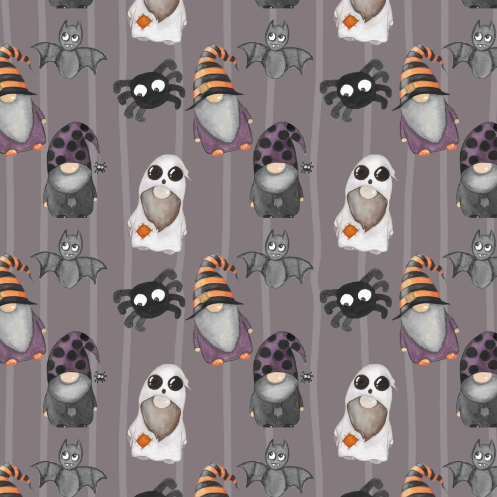 Cute Halloween-themed pattern with gnomes, bats, spiders, and ghosts on a gray background. Gnomes wear pointed hats. Ghosts hold candy. Bats and spiders are scattered throughout.