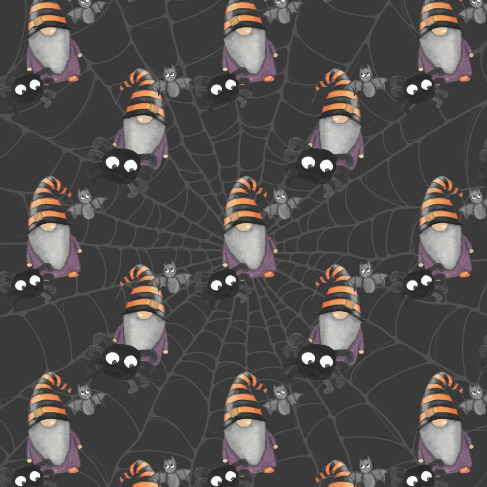 Pattern of gnomes in orange hats and bats on a spiderweb background.