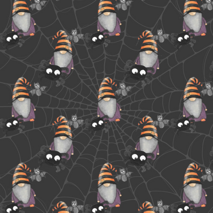 Pattern of gnomes in orange hats and bats on a spiderweb background.