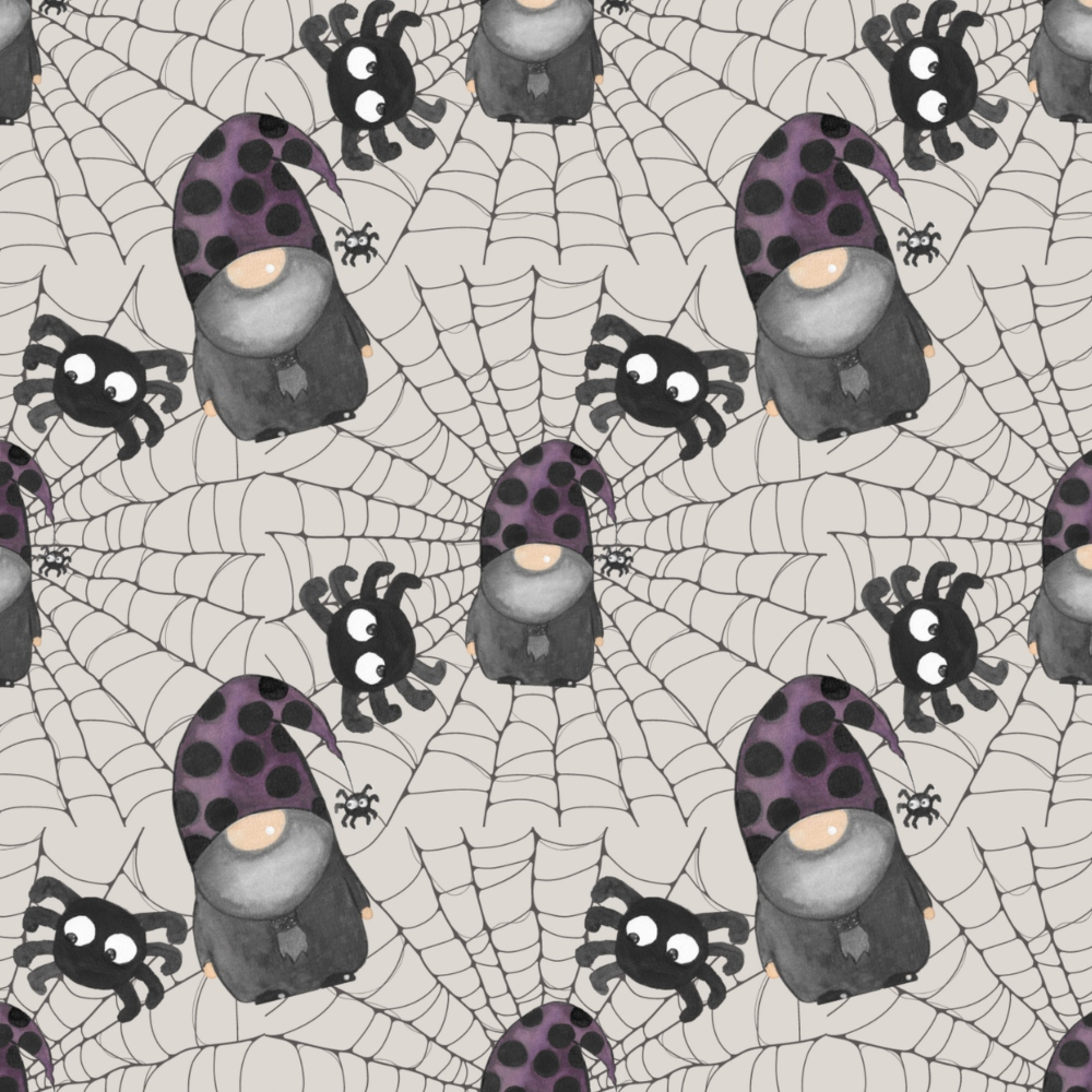 Pattern of gnomes with purple hats and black spiders on web background.