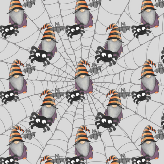 Illustration of gnomes with striped hats, spiders, and bats arranged in a pattern on a web-like background.