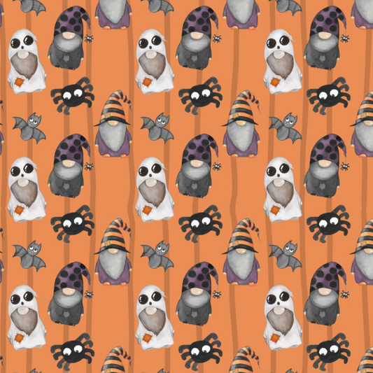 Pattern featuring penguins in ghost costumes, penguins in witch hats, bats, and spiders on an orange background.