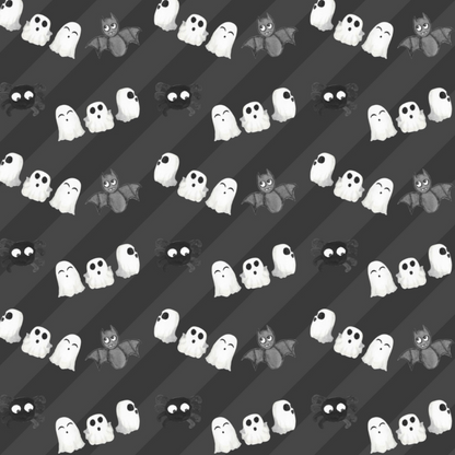 Pattern of cartoon ghosts, bats, and black cats on a dark striped background.