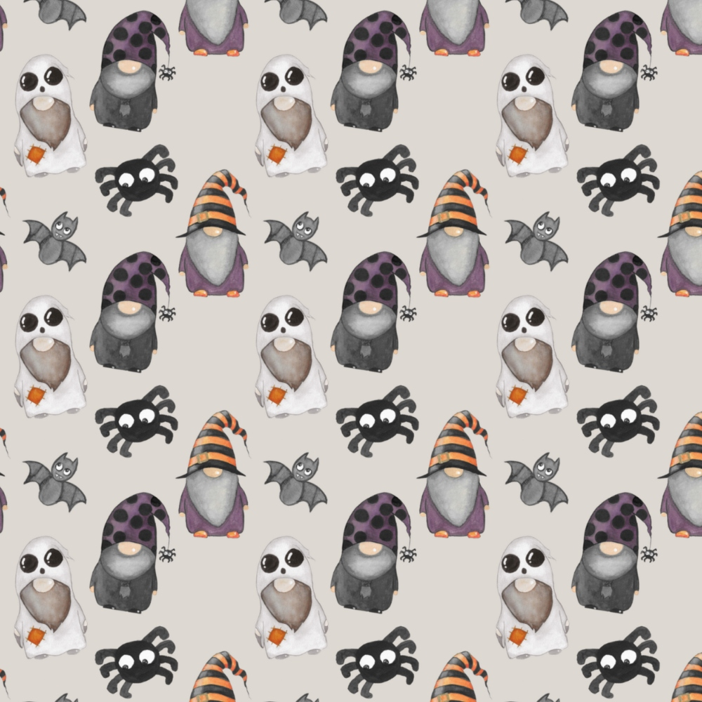 Pattern of penguins in Halloween costumes, featuring ghost outfits and hats, with bats and spiders on a light gray background.