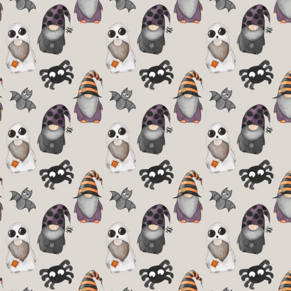 Pattern of penguins in Halloween costumes, featuring ghost outfits and hats, with bats and spiders on a light gray background.