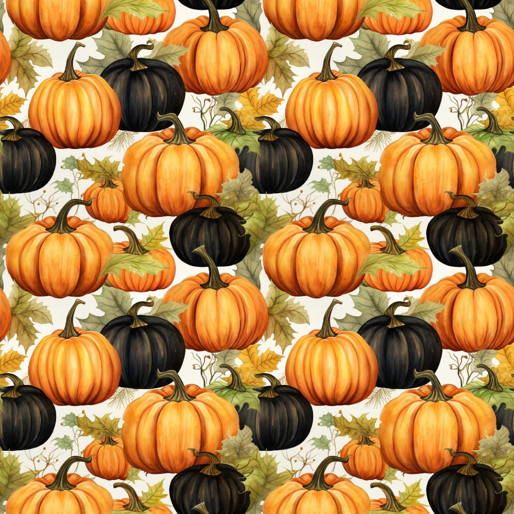 Pattern of orange and black pumpkins and green leaves on a light background.