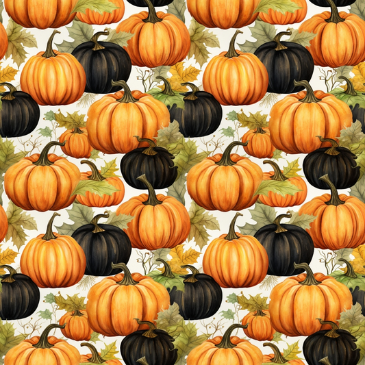 Pattern of orange and black pumpkins and green leaves on a light background.