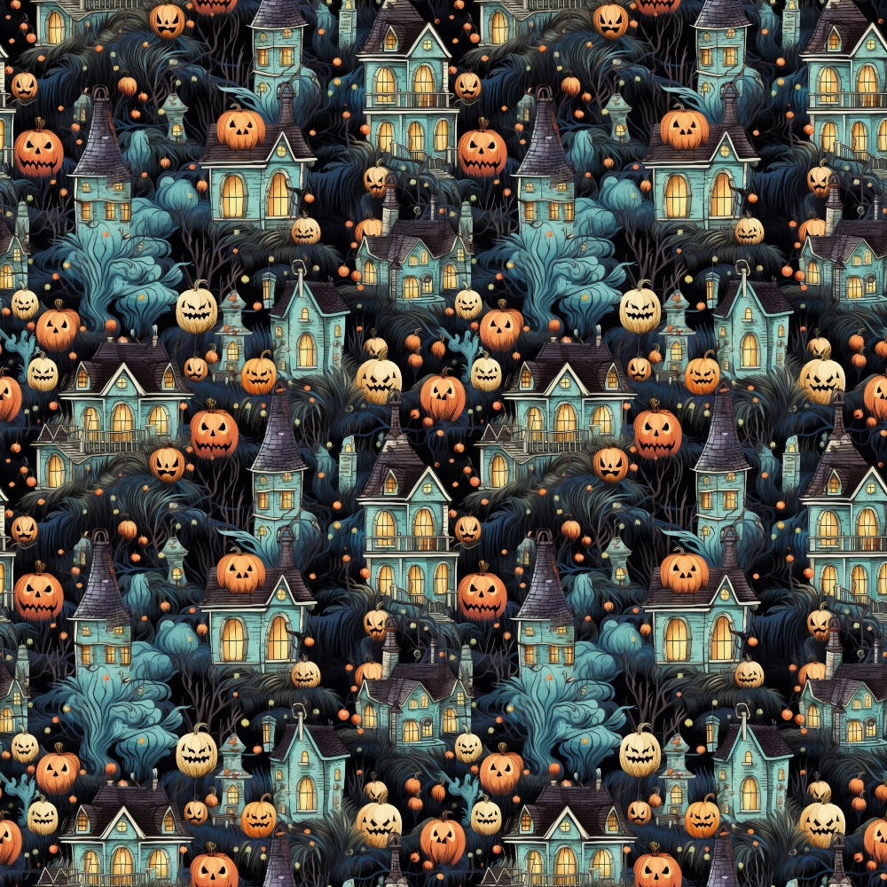 Seamless Halloween pattern with spooky houses, pumpkins, and dark trees, featuring glowing windows and eerie faces.