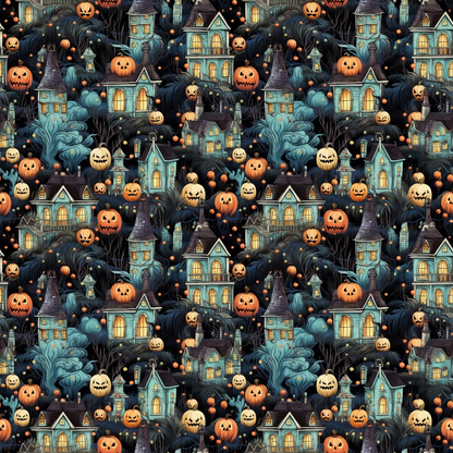 Seamless Halloween pattern with spooky houses, pumpkins, and dark trees, featuring glowing windows and eerie faces.