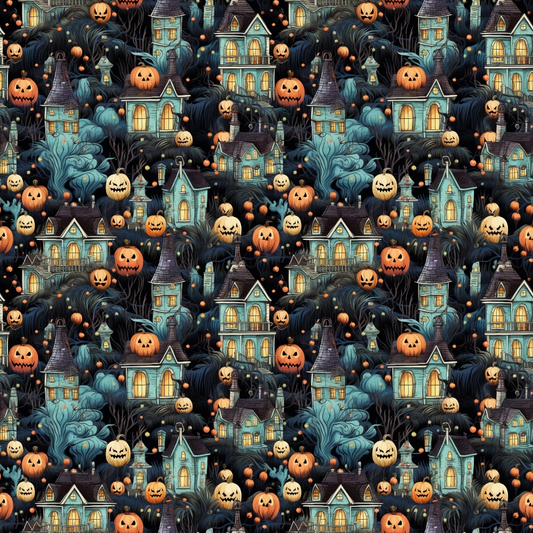 Seamless Halloween pattern with spooky houses, pumpkins, and dark trees, featuring glowing windows and eerie faces.