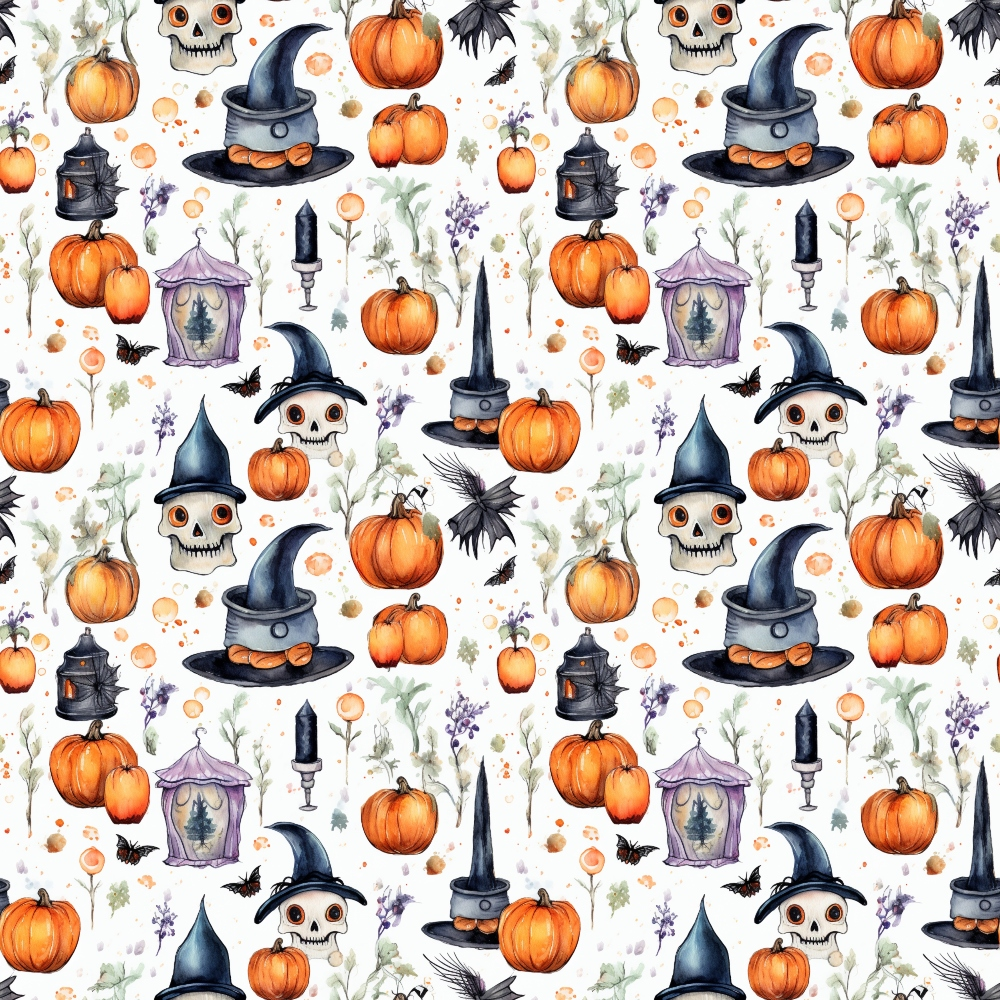 Seamless Halloween pattern featuring skulls with witch hats, pumpkins, lanterns, candles, and ravens on a light background.