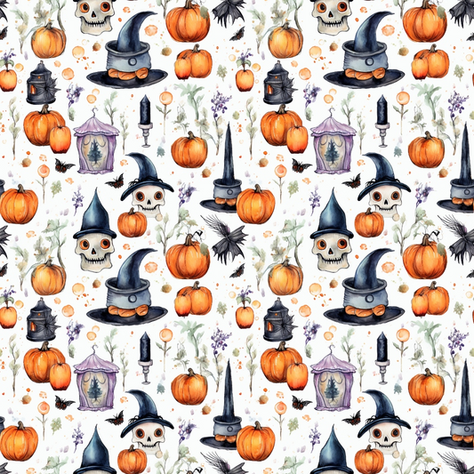 Seamless Halloween pattern featuring skulls with witch hats, pumpkins, lanterns, candles, and ravens on a light background.