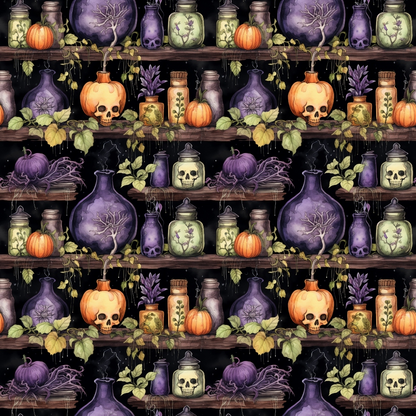 Shelves with purple vases, skulls, pumpkins, jars of herbs, and a stuffed crow, arranged in a repeating pattern.