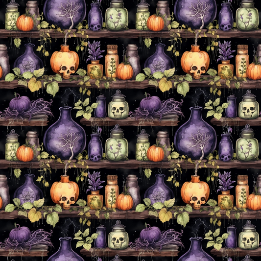 Shelves with purple vases, skulls, pumpkins, jars of herbs, and a stuffed crow, arranged in a repeating pattern.