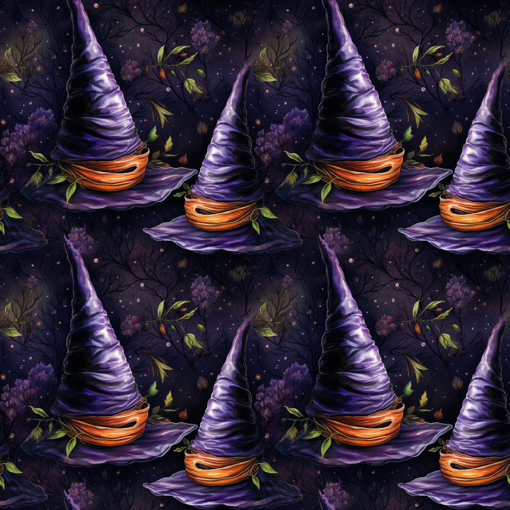 Pattern of purple witch hats with orange bands against a dark, starry background with foliage and branches.