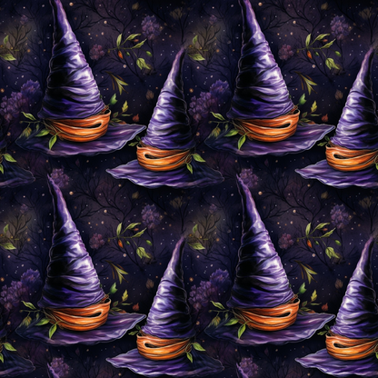 Pattern of purple witch hats with orange bands against a dark, starry background with foliage and branches.