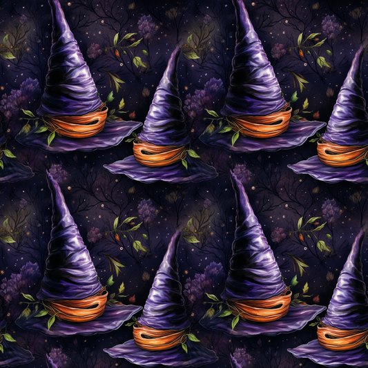 Pattern of purple witch hats with orange bands against a dark, starry background with foliage and branches.