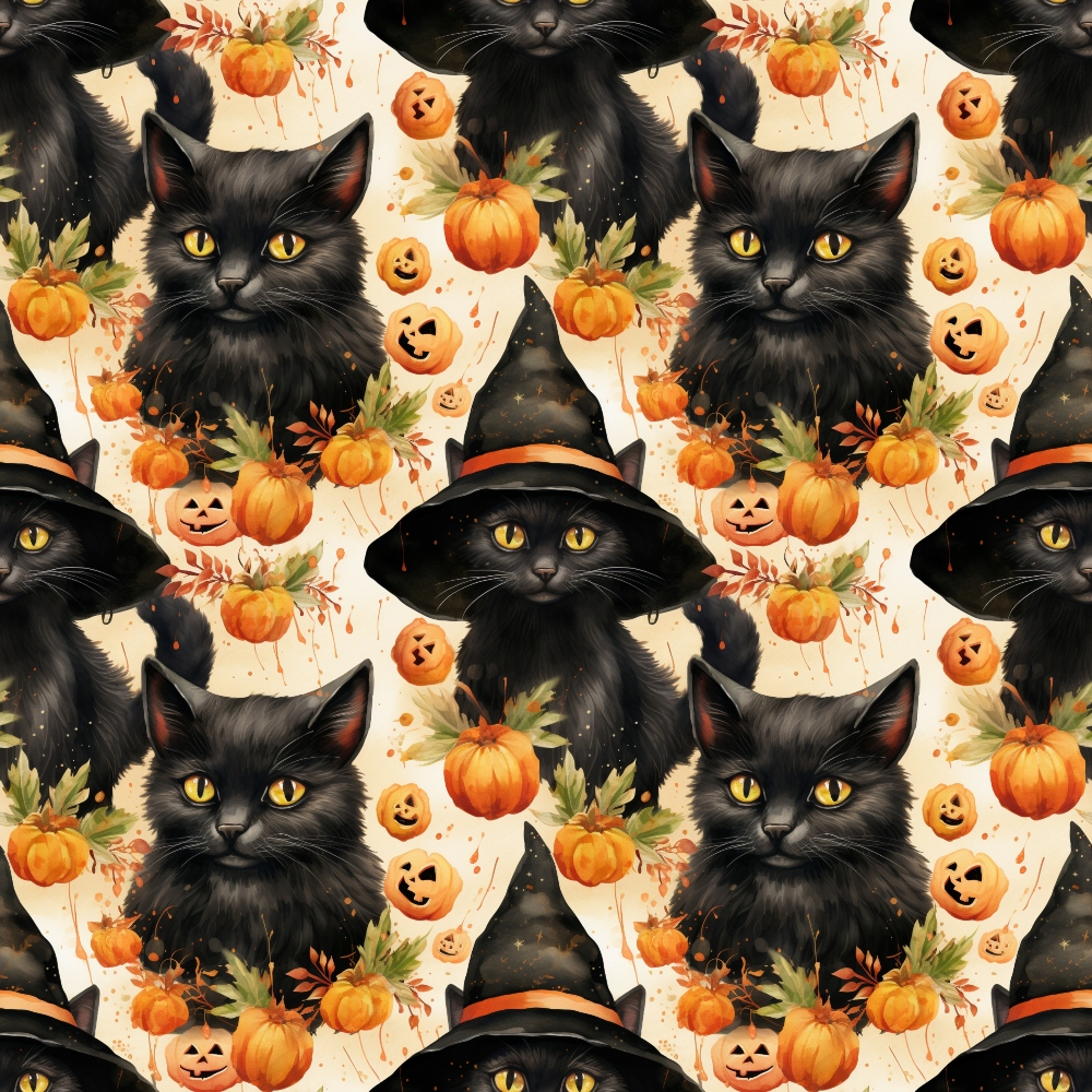 Pattern of black cats with witch hats, pumpkins, and autumn leaves on a beige background.