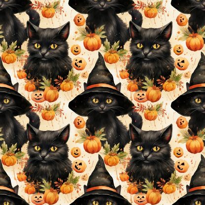 Pattern of black cats with witch hats, pumpkins, and autumn leaves on a beige background.