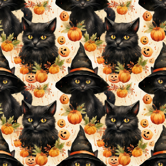 Pattern of black cats with witch hats, pumpkins, and autumn leaves on a beige background.