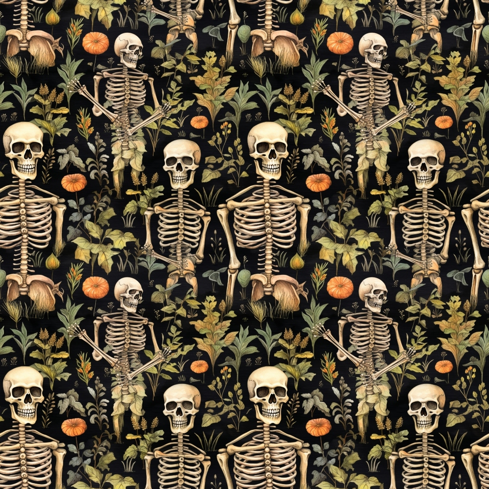 Pattern of skeletons and various autumn plants, such as pumpkins and leaves, on a dark background.