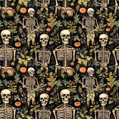 Pattern of skeletons and various autumn plants, such as pumpkins and leaves, on a dark background.