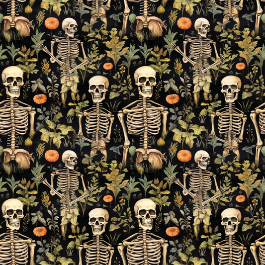 Pattern of skeletons and various autumn plants, such as pumpkins and leaves, on a dark background.