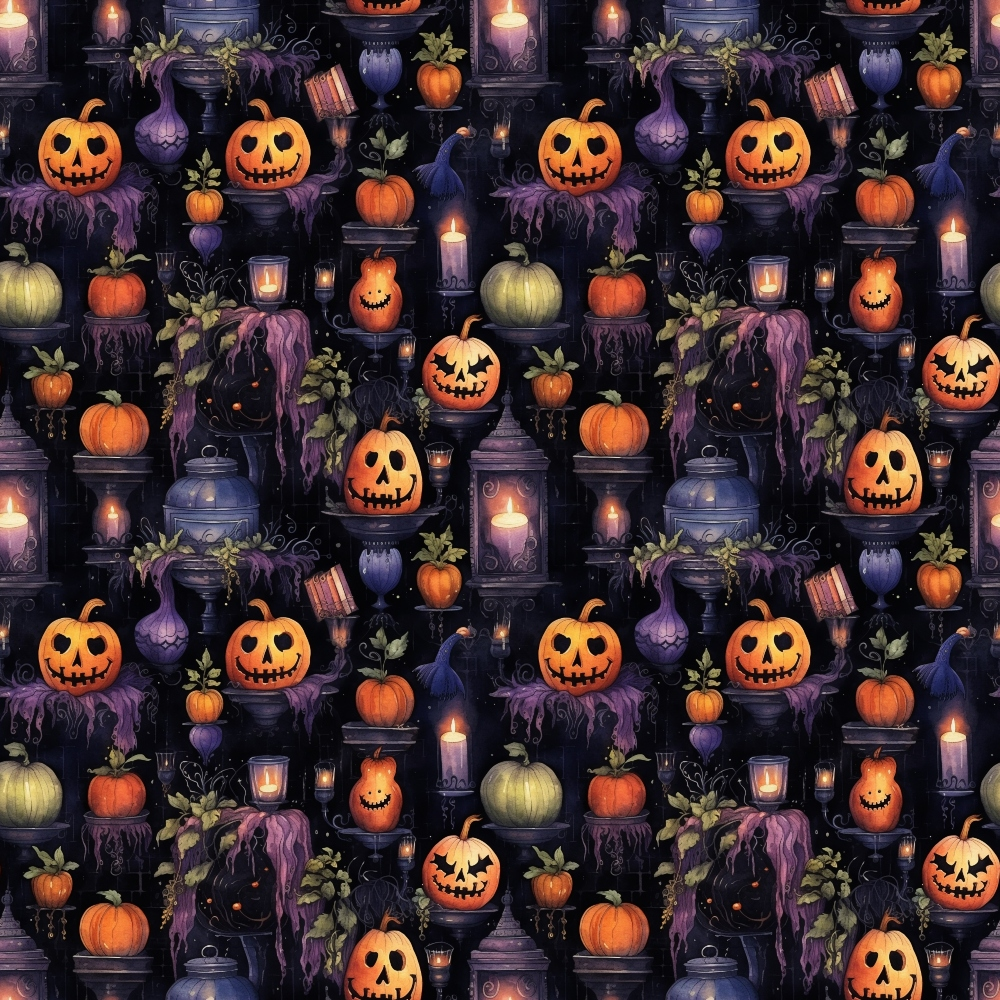 A seamless Halloween pattern featuring jack-o-lanterns, candles, cauldrons, and various pumpkins against a dark background.