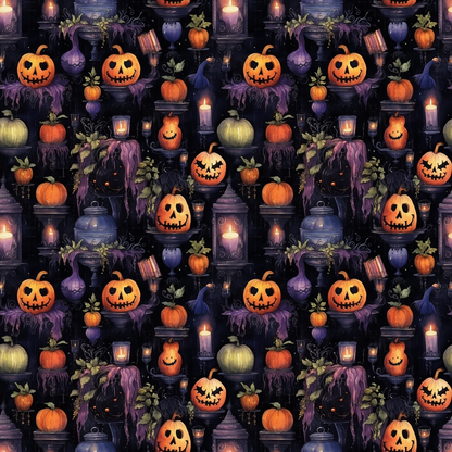 A seamless Halloween pattern featuring jack-o-lanterns, candles, cauldrons, and various pumpkins against a dark background.