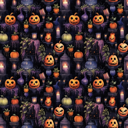 A seamless Halloween pattern featuring jack-o-lanterns, candles, cauldrons, and various pumpkins against a dark background.