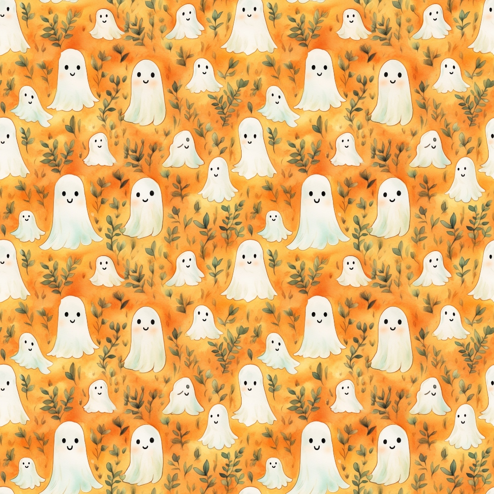 Pattern of cute, smiling ghost illustrations on an orange background with leafy accents.